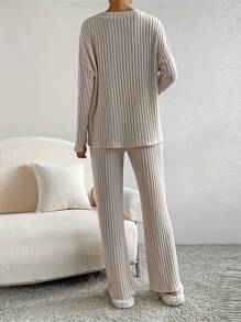 Elegant Women's Loose Knit Suit: V-Neck Top With Utility Pockets And Ribbed Straight Leg Pants, Comfortable Fall And Winter Casual Loungewear Suit - Màu Khaki - Xem 6