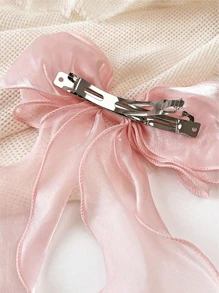 1/2/3pcs Mesh Bowknot Ribbon Hair Clip For Daily, Large Hairpin For Hair Styling Accessories - Pink - View 3