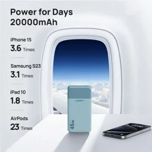 JUOVI Power Bank, 20 000 mAh, 45 W, PD3.0 QC 4.0, cargador rápido con pantalla LED, 2 USB-C y 2 USB-A para teléfono, azul y verde, carga ultrarrápida, pantalla LED, cargador portátil con puertos USB y tipo C, batería de polímero de litio segura y estable para exteriores, compras y viajes. Cargador portátil para Apple, iPad y Android. Regalo para familiares y amigos, cumpleaños, Navidad, invierno y Año Nuevo.