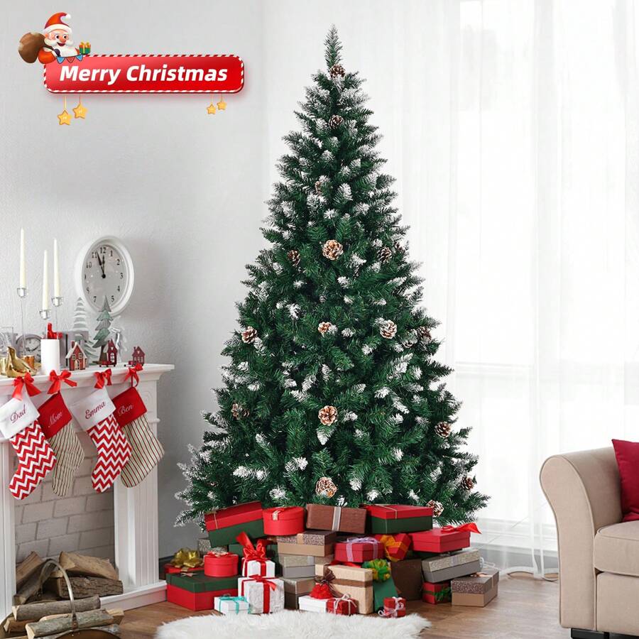 SUNROAD 6ft Artificial Christmas Tree With Pine Cones, Unlit Christmas Tree With 900 Branch Tips And Sturdy Metal Stand For Office, Home, Shop, Party, Holiday Decoration, Green And Snow Tip - 綠色 - 查看 1