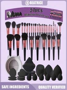 51pcs Makeup Brush Set Including: 32pcs Face, Eye, Eyebrow, Foundation, Blush, Mixing, Concealer, Lip, Detail, Nose Contour, Eyeliner, Powder, Nail, Face Mask Brushes, 1 Cleaning Bowl, 3 Mini Makeup Sponges, 3 Mini Heart Makeup Sponges, 3 Triangle Powder Puffs, 3 , 6 Mini