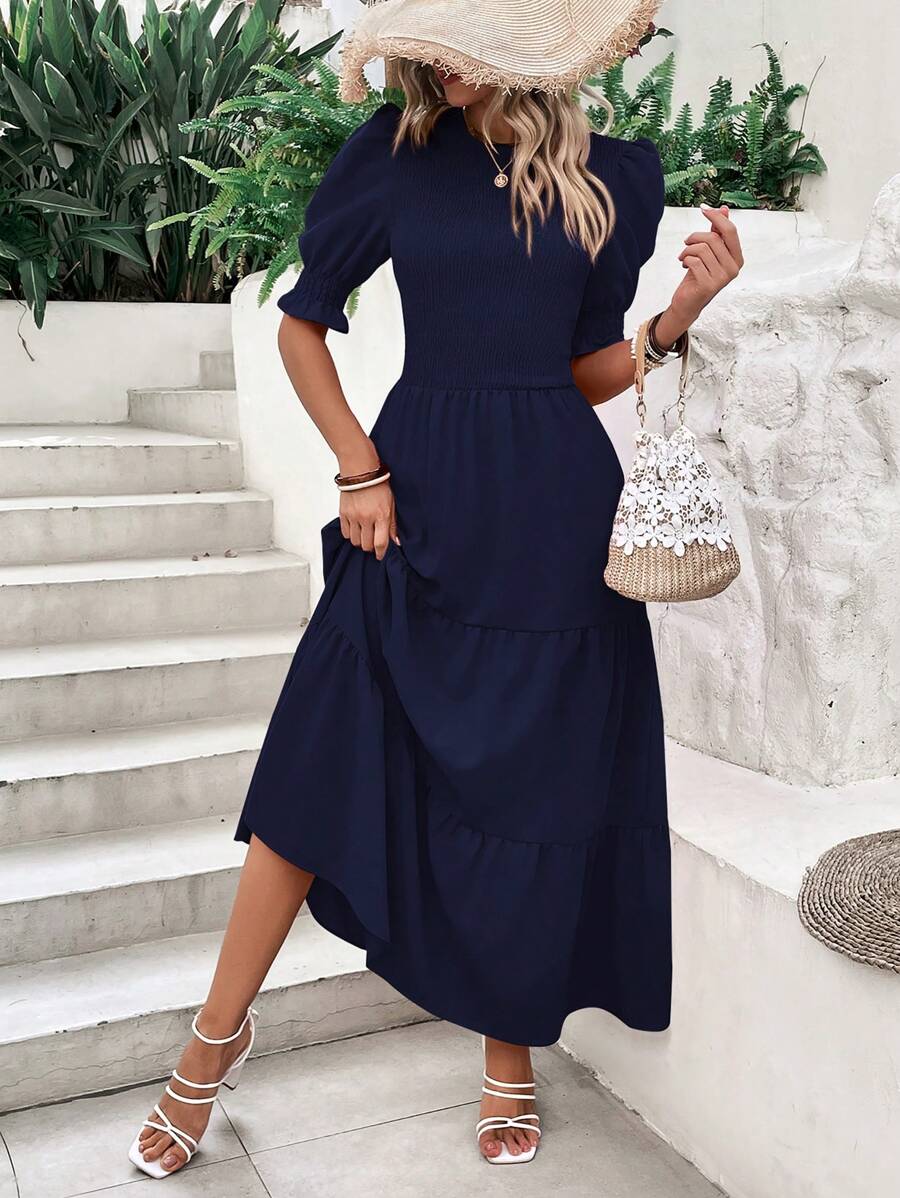 Women's Summer Dress Casual Crewneck Short Sleeve Smock Boho Flowy Dress Spring Summer Holiday Vacation Valentine Going Out Outfits - Màu xanh hải quân - Xem 1