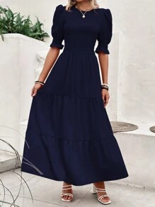 Women's Summer Dress Casual Crewneck Short Sleeve Smock Boho Flowy Dress Spring Summer Holiday Vacation Valentine Going Out Outfits - Màu xanh hải quân - Xem 3