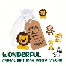 54 件（18 件钥匙扣 + 18 件袋子 + 18 件标签）丛林动物钥匙扣礼品套装，适用于动物主题派对用品、野生动物园装饰、带有感谢标签和欧根纱袋的动物园饲养员礼物，非常适合生日派对、创意钥匙扣、背包吊坠、包包饰品、生日礼物、派对礼品 - 彩色 - 查看 6