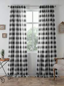 Semi Sheer Buffalo Plaid Check Curtains Rod Pocket Checkered Curtains Farmhouse Window Curtains For Living Room, Bedroom - Black - View 1