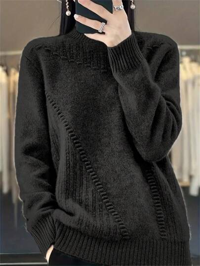 Suéter casual con cuello alto de manga larga de unicolor para mujer de talla grande, otoño/invierno