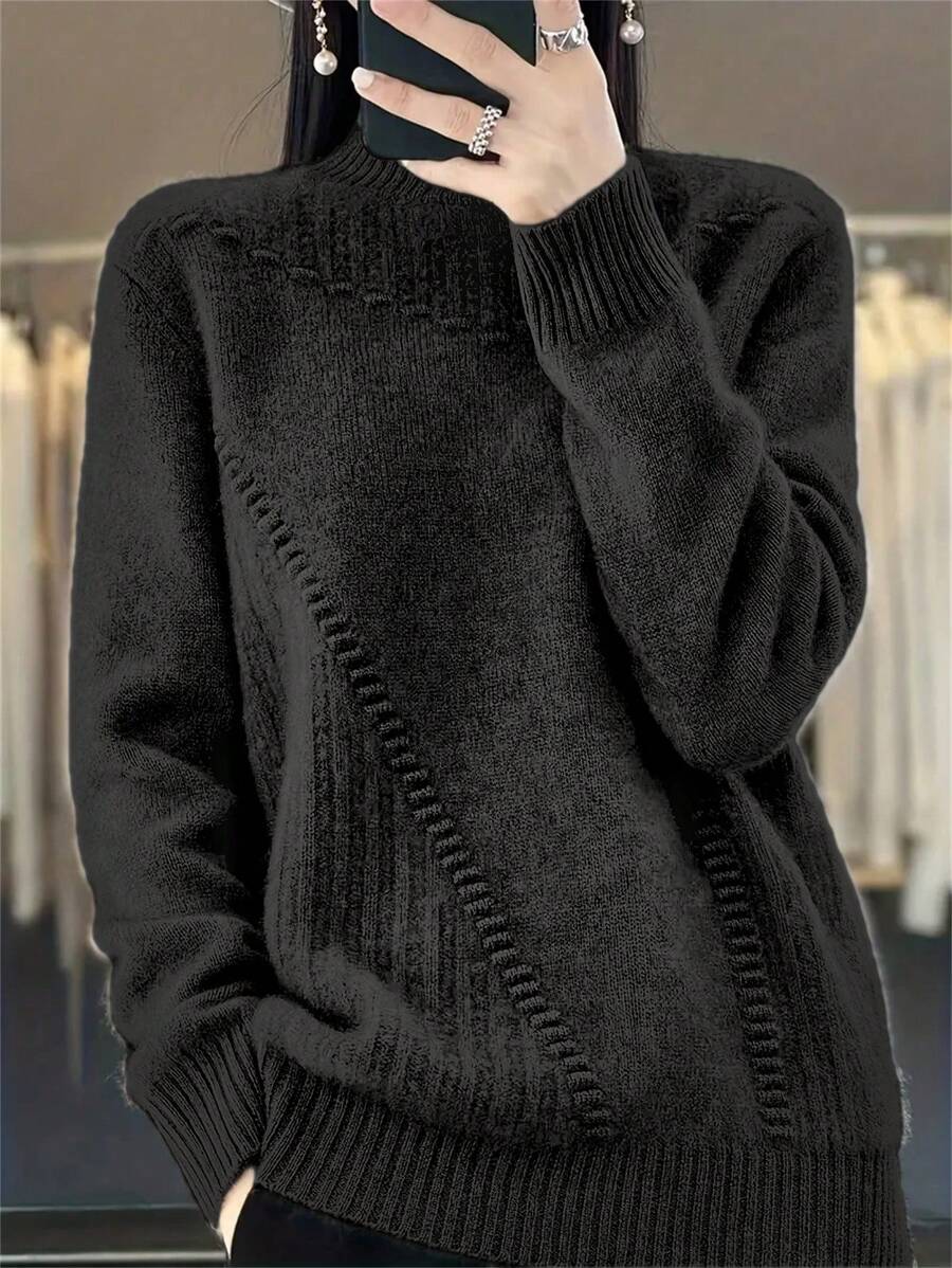 Áo len dài tay cổ đứng cỡ lớn, màu trơn, kiểu dáng tối giản, thích hợp mặc thường ngày, phù hợp với trang phục mùa xuân, mùa đông, mùa thu, thanh lịch, trang phục ngày lễ cho nữ, áo đen. - màu đen - Xem 1