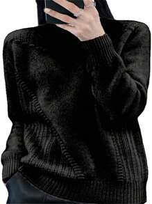 Áo len dài tay cổ đứng cỡ lớn, màu trơn, kiểu dáng tối giản, thích hợp mặc thường ngày, phù hợp với trang phục mùa xuân, mùa đông, mùa thu, thanh lịch, trang phục ngày lễ cho nữ, áo đen. - màu đen - Xem 4