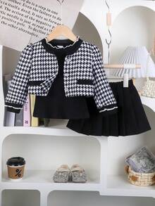 秋冬女婴时尚黑白格子夹克、黑色长袖上衣、百褶裙三件套 - 黑色 - 查看 2