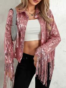 Women's Sequin Party Jackets Sparkly Long Sleeve Open Front Tassel Jackets Blazers Clubwear