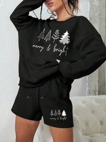 Modisches Damen Zweiteiler mit Weihnachts-Muster, bestehend aus Rundhals-Sweatshirt und Shorts, geeignet für Zuhause, Sport und Wärme, passend für Herbst und Winter, kann für Sport und Freizeit getragen werden