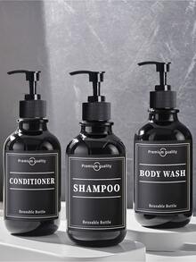 WCIC （瓶子壁挂式 6 个标签）-现代亮面黑色 16.9 盎司可再填充淋浴皂液器，带黑色泵，洗发水和护发素分配器瓶套装，适用于淋浴墙 - 打孔安装淋浴皂液器壁挂式，带防水标签，适用于厨房浴室酒店必需品 - 彩色 - 查看 2