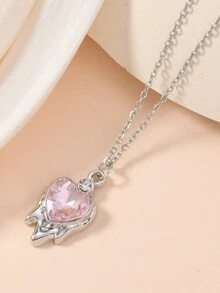 1 件完美时尚银色不锈钢链配粉色红心皇后吊坠项链女士日常佩戴项链首饰 - 粉色 - 查看 7