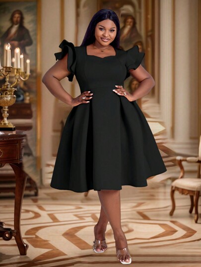 Vestido de manga corta con cuello en forma de corazón y fruncido para mujer talla grande, ideal para fiestas de cumpleaños, bodas, graduaciones, cenas y bailes de bienvenida