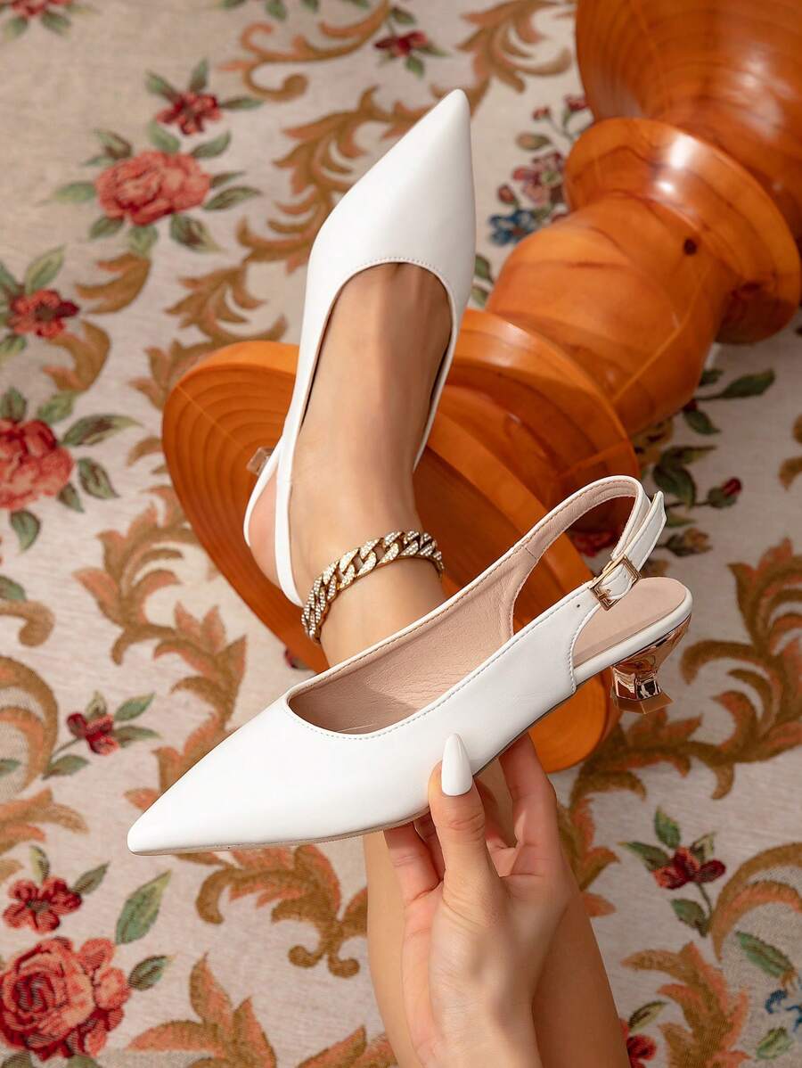2024 年新款时尚女士尖头中跟鞋，白色简约设计扣带粗跟舒适平底鞋