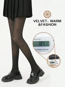 1 件女式 1800D 蝴蝶印花不透明保暖内衬紧身紧身裤，高弹保暖，时尚黑色连裤袜 - 黑色 - 查看 4