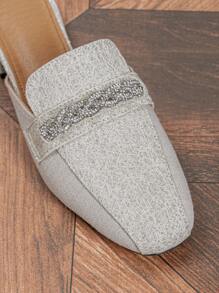 Women's Fashionable Patchwork Metallic Chain Closed Toe Mule Slippers, Comfortable Round Toe Slip-On Flat Shoes - Apricot - View 5