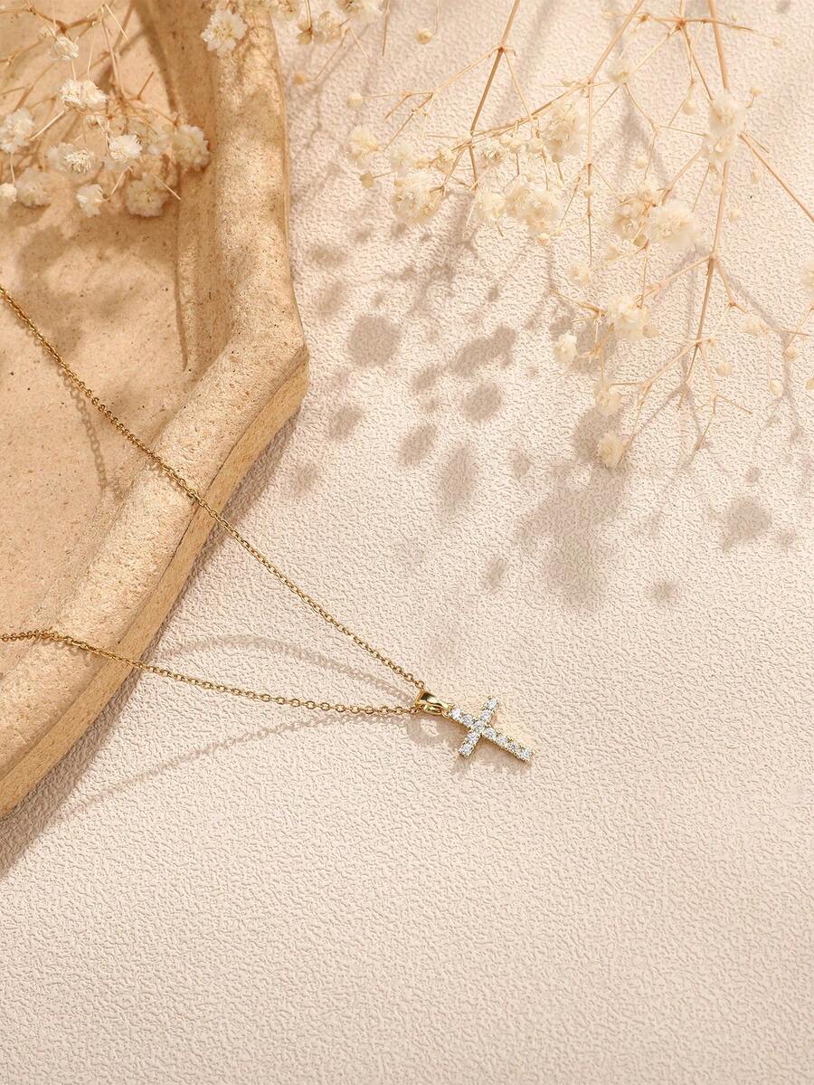 1pc Fashionable Cross Necklace With Copper Zirconia Elements, Stainless Steel Chain - Yellow Gold - View 1