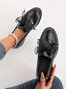 Giày lười đế dày mới 2024 Giày Oxford nữ da bóng mũi vuông nơ mũi vuông Giày cao gót đế dày thoải mái cho trang phục thường ngày Giày mẹ mùa xuân thu - màu đen - Xem 4