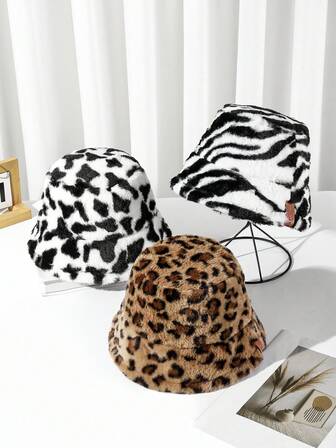 1pc Fashionable Leopard, Zebra, Faux Fur Bucket Hat, Thick & Warm, Women Korean Style Versatile, Suitable For Autumn/Winter Daily Wear Women Winter Clothes