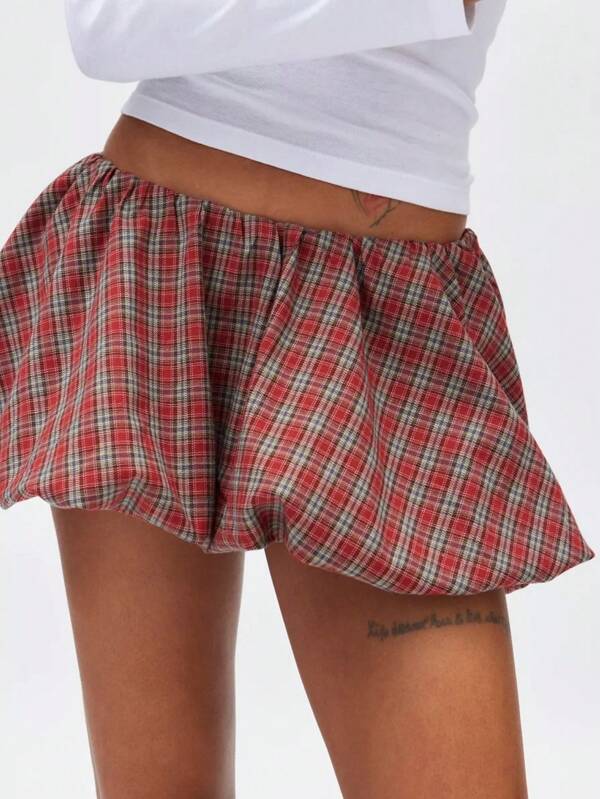 Women's Retro Cute Plaid Woven Bubble Mini Skirt