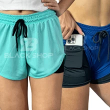 KIT 2 Women's Shorts 2 In 1 Men's Gym Bermuda Running Training With Elastane - 水鴨藍 - 查看 1