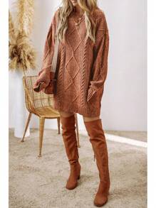 Loose And Lazy Style Dress Sweater Women's Fashion Twist Texture Knee-Length Skirt Women - 鏽棕色 - 查看 4