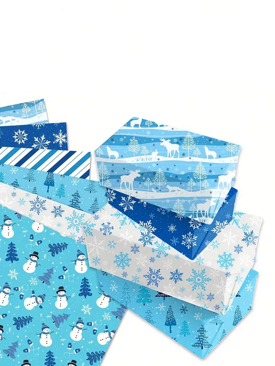 12 张优质天蓝色雪人与雪花圣诞礼品包装纸 – 高品质驯鹿主题包装纸，适合节日礼物 - 彩色 - 查看 1
