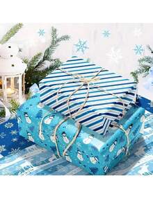 12 张优质天蓝色雪人与雪花圣诞礼品包装纸 – 高品质驯鹿主题包装纸，适合节日礼物 - 彩色 - 查看 4