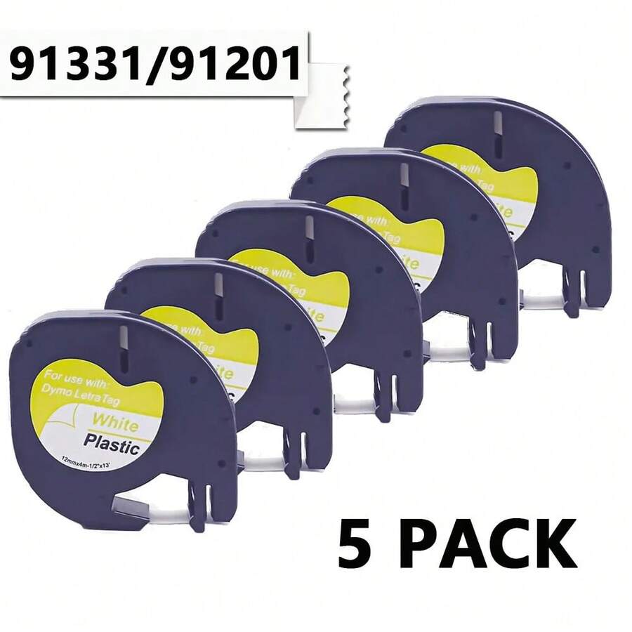 5 件装兼容 Dymo LetraTag 替换装 91331 12 毫米白色塑料标签带 LT-100H 1/2 英寸 91201