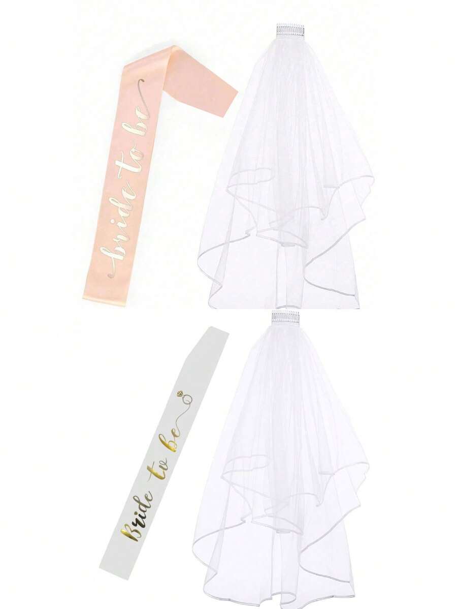 1Set,Hen Night Party Accessories Set, Bridal Wedding Veil Bridal Shower Party With Comb Bride To Be Satin Sash Wedding Party - White - View 1