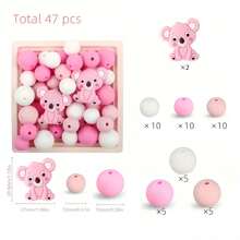 47 件硅胶珠套装，考拉形硅胶焦点珠，12mm/15mm 圆形硅胶散珠，适用于 DIY 珠宝制作、钥匙包、串珠笔、手链、项链、绳串珠手工艺品配件 - 無尾熊矽膠焦點珠套裝 - 查看 7