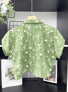 ELLIE Casual Striped Print Loose Cropped Shirt - 綠花 - 查看 3