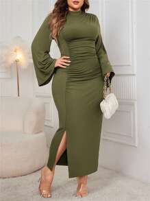 Women Autumn Long Fitted Dress Long Sleeve Round Neck Split Hem Solid Color Plus Size Dress - Green - View 6