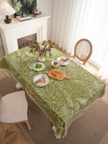 MeijiaMo 1pc Green Leaf Print Rectangular Tablecloth, Bohemian Pastoral Style With Beige Tassel Dust-Proof Home Decor Table Runner, Suitable For Hotel Bedroom Living Room Coffee Table Kitchen Dining Room Dining Table Outdoor Party Holiday Decoration, All Seasons - Green - View 3
