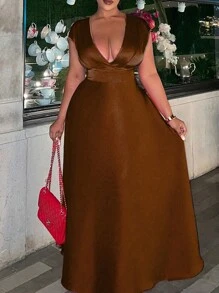Plus Size Satin V-Neck Ruffle Hem Dress, Orange, Shiny - Coffee Brown - View 3