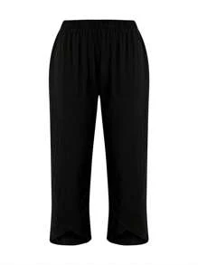Women's Straight Pants Elastic Waist Casual Trousers Pants Wide Leg Casual Beach Pants Cotton Linen Summer Lounge Pants Travel Work Trousers With Pockets - 黑色 - 查看 5