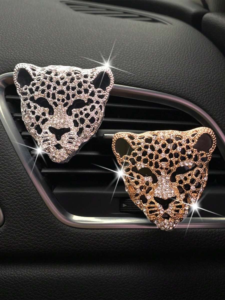 1pc Car Air Outlet Decoration Rhinestone Metal Large Leopard Head Car Air Conditioning Decoration