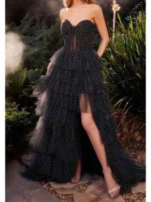 Strapless Polka Dot Mesh Princess Cake Dress Evening Gown, Party Dress, Wedding Guest Dress, Prom Dress