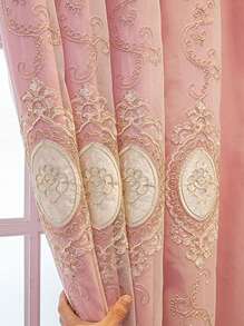 Floral Embroidered Single Panel Blackout Curtain - Pink - View 1