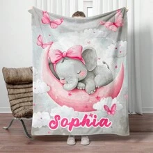 1 pièce Couverture portable personnalisée avec le nom/texte d'un bébé éléphant endormi - Jeté en flanelle léger pour sofa, lit, voyage, camping, salon, bureau, canapé, chaise et lit. Couverture en polaire avec impression numérique, flanelle douce et chaude