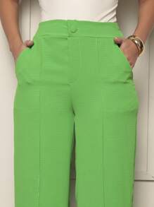 Duna Fabric Wide Leg Pants With Button Blogger Elastic Social Pants - 青檸色 - 查看 2