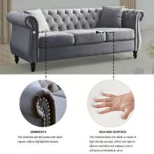 YOGLAD Modern Chesterfield Velvet Sofa, 2-Seater Sofa And 3-Seater Sofa With Curved Backrest Rolled Arm, Upholstered Tufted Backrests With Nailhead Arms And 2 Cushions For Living Room, Bedroom, Apartment, Office - 灰色 - 查看 6