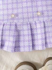 3 pièces Ensemble veste à manches longues, Top à manches longues et jupe plissée avec imprimé style uniforme scolaire élégant pour jeune fille, printemps/automne