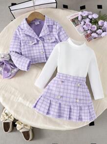 3 pièces Ensemble veste à manches longues, Top à manches longues et jupe plissée avec imprimé style uniforme scolaire élégant pour jeune fille, printemps/automne
