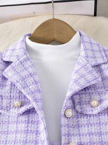3 pièces Ensemble veste à manches longues, Top à manches longues et jupe plissée avec imprimé style uniforme scolaire élégant pour jeune fille, printemps/automne