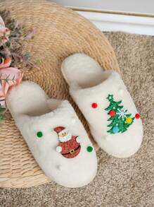 Femmes Chaussons Plates Antidérapantes Résistantes à l'Usure Couleur Unie Arbre de Noël Mignon Coloré Pompon blocs de couleurs Décoratif Style Mignon Doux Mode Polyvalente Fourrure Pantoufles, Convient pour le Port Quotidien, les Tenues de Mode, les Fêtes, les Rassemblements à la Maison, la Maison, le Bureau
