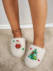 Femmes Chaussons Plates Antidérapantes Résistantes à l'Usure Couleur Unie Arbre de Noël Mignon Coloré Pompon blocs de couleurs Décoratif Style Mignon Doux Mode Polyvalente Fourrure Pantoufles, Convient pour le Port Quotidien, les Tenues de Mode, les Fêtes, les Rassemblements à la Maison, la Maison, le Bureau
