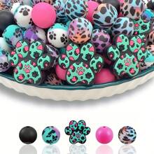 25/30/56 pièces Set de perles en silicone avec motif de patte d'animal et imprimé léopard, kit de fabrication de bijoux DIY pour porte-clés, colliers et accessoires - Ensemble de perles de silicone bricolage colorées - Voir 13