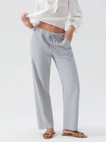 Women Loose Linen Pants Solid Color Drawstring High Waist Trousers With Pockets For Spring Summer Daily Streetwear - Grey - View 5